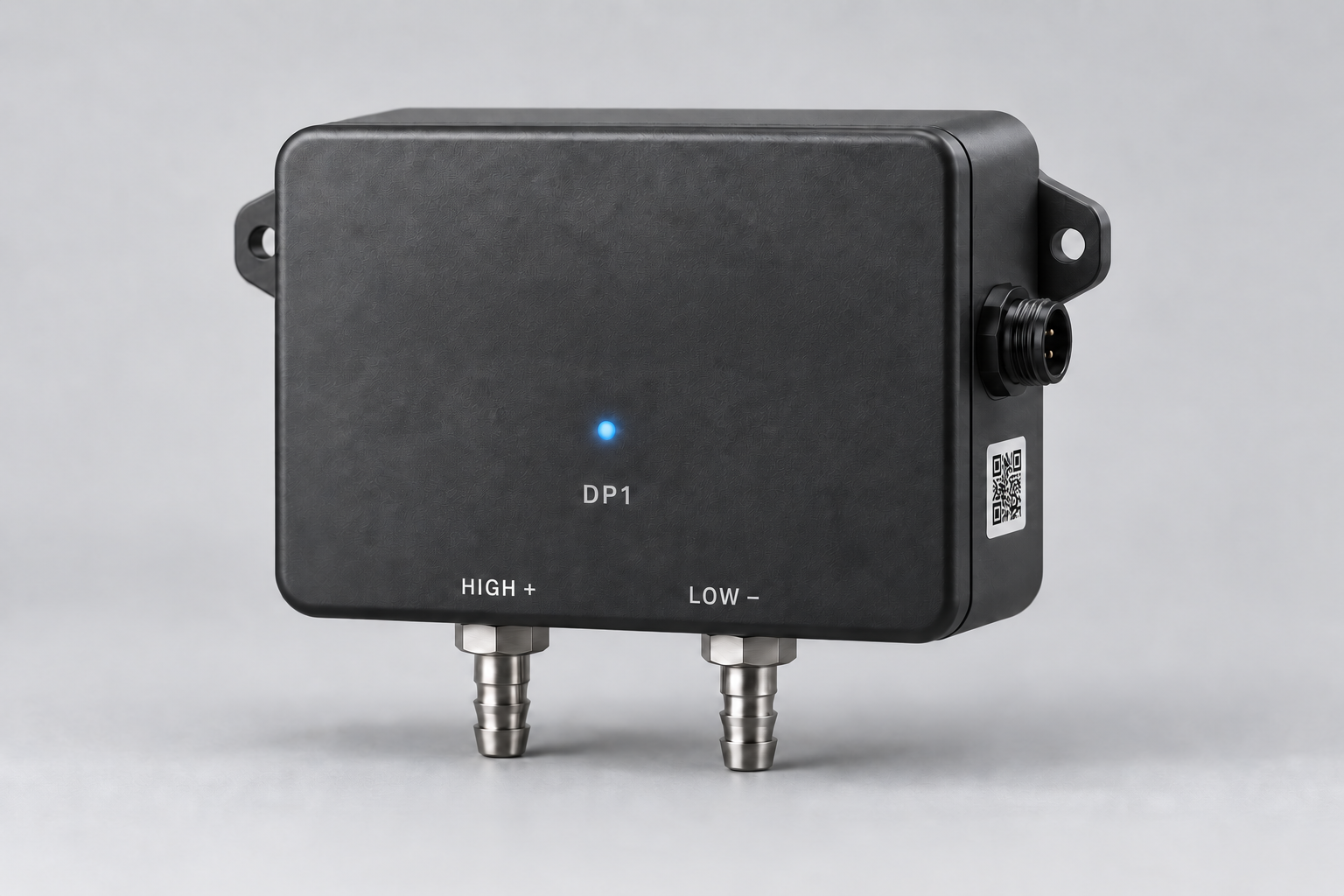 DP1 enclosure with two labeled pressure ports, status light, QR label, and external power connector